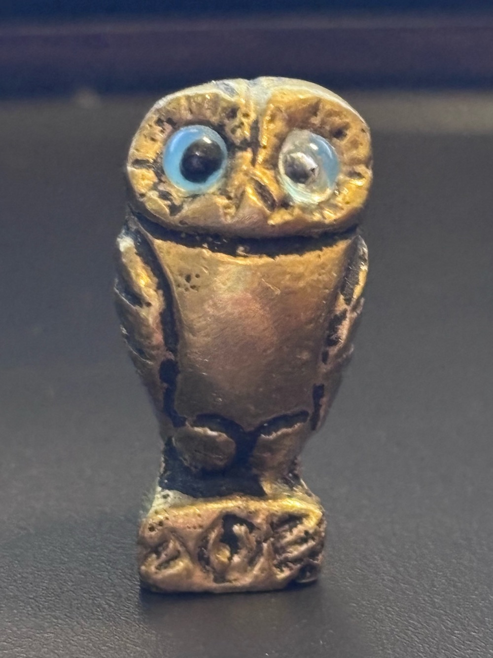 Vintage Mini Bronze Brass Owl Figurine AΘE AOE Mark Blue Glass Eyes Greek Athena - Picture 7 of 11